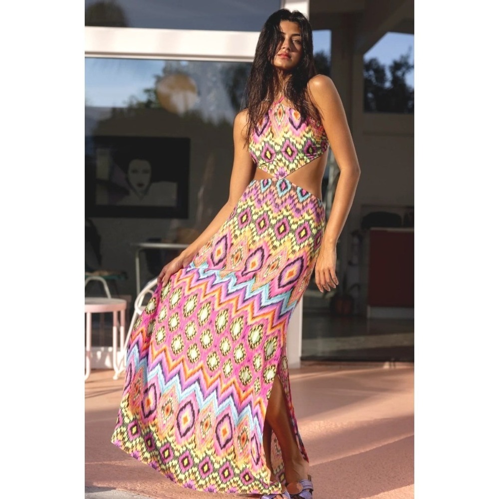 LULI FAMA Miami Sorbet Cut Out Maxi Dress Beachy Resort Multicolor Sz S